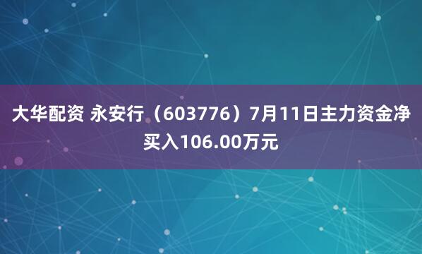 大华配资 永安行（603776）7月11日主力资金净买入106.00万元